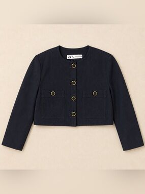 Zara Indigo Blue Cropped Jacket XS Gold Ring Buttons Patch Pockets Cotton Blend
